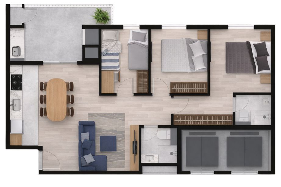 Planta 3D — 3 quartos, 74 a 77m²